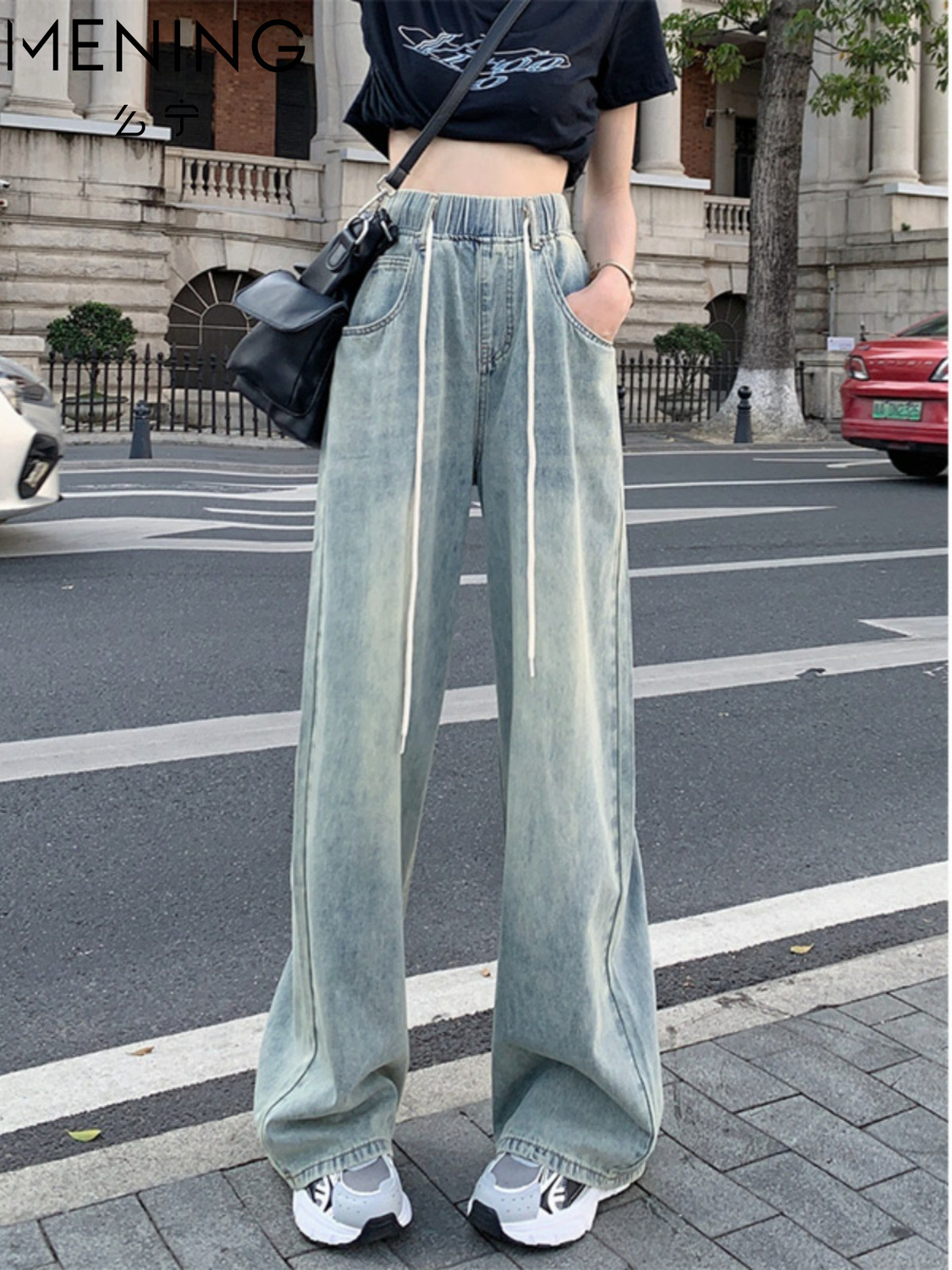 麼寧抽繩牛仔褲子女新款2023年夏季高腰寬鬆闊腿褲直筒長褲拖地褲
