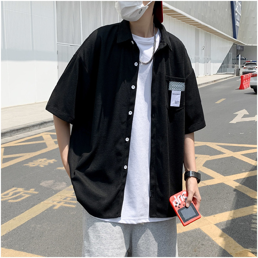 Retro waffle shirt men's short-sleeved design sense niche salt system Hong Kong flavor shirt American summer jacket ins tide