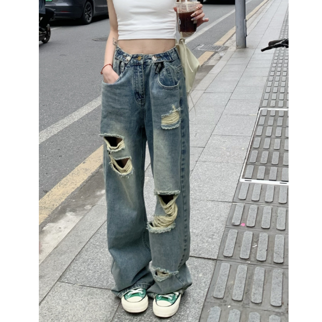 夏復古藍色做舊高腰辣妹破洞直筒牛仔褲女寬鬆顯瘦闊腿拖地褲