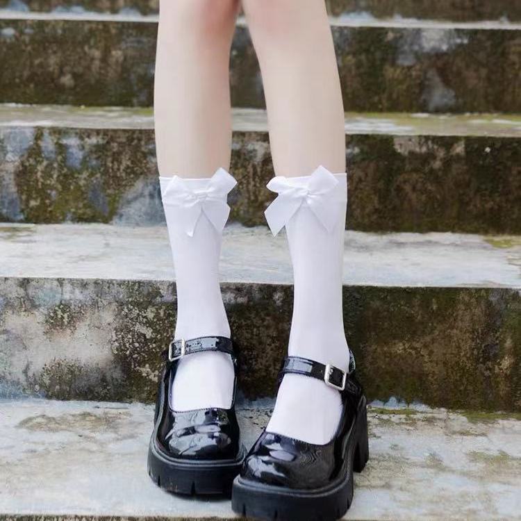 jk袜子夏季薄款日系可爱袜子女中筒袜jk制服丝袜蝴蝶结白色过膝袜