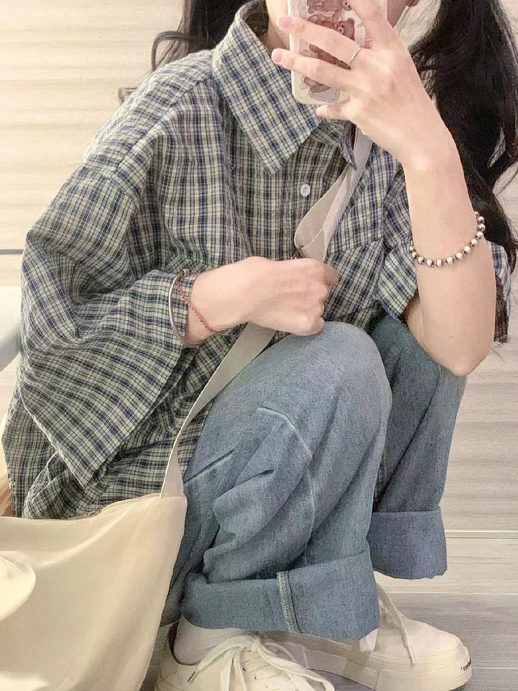 夏季2023新款復古藏青色格子襯衫短袖女寬鬆顯瘦襯衣外穿休閒上衣