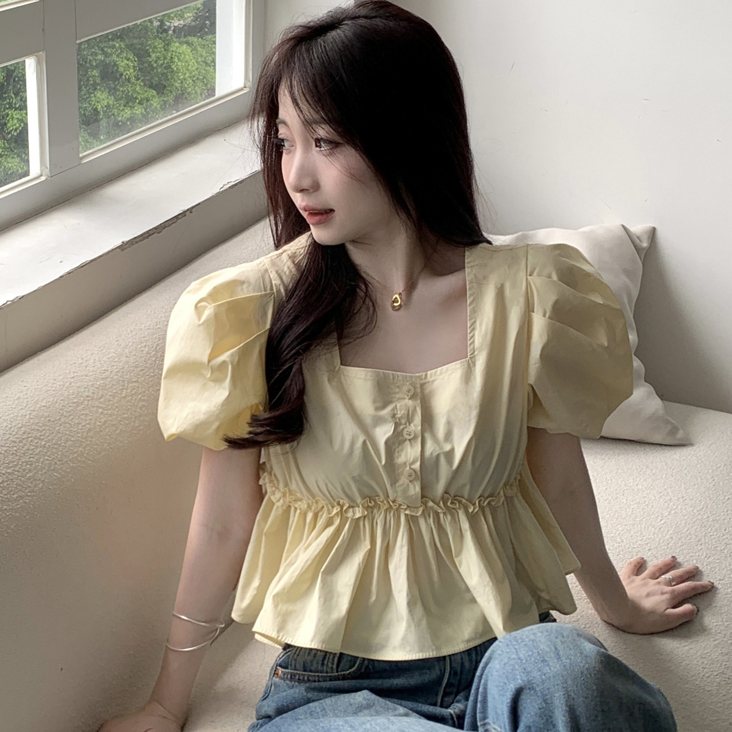 韩版夏季新款设计感小众方领泡泡袖衬衣上衣高腰显瘦雪纺衬衫女