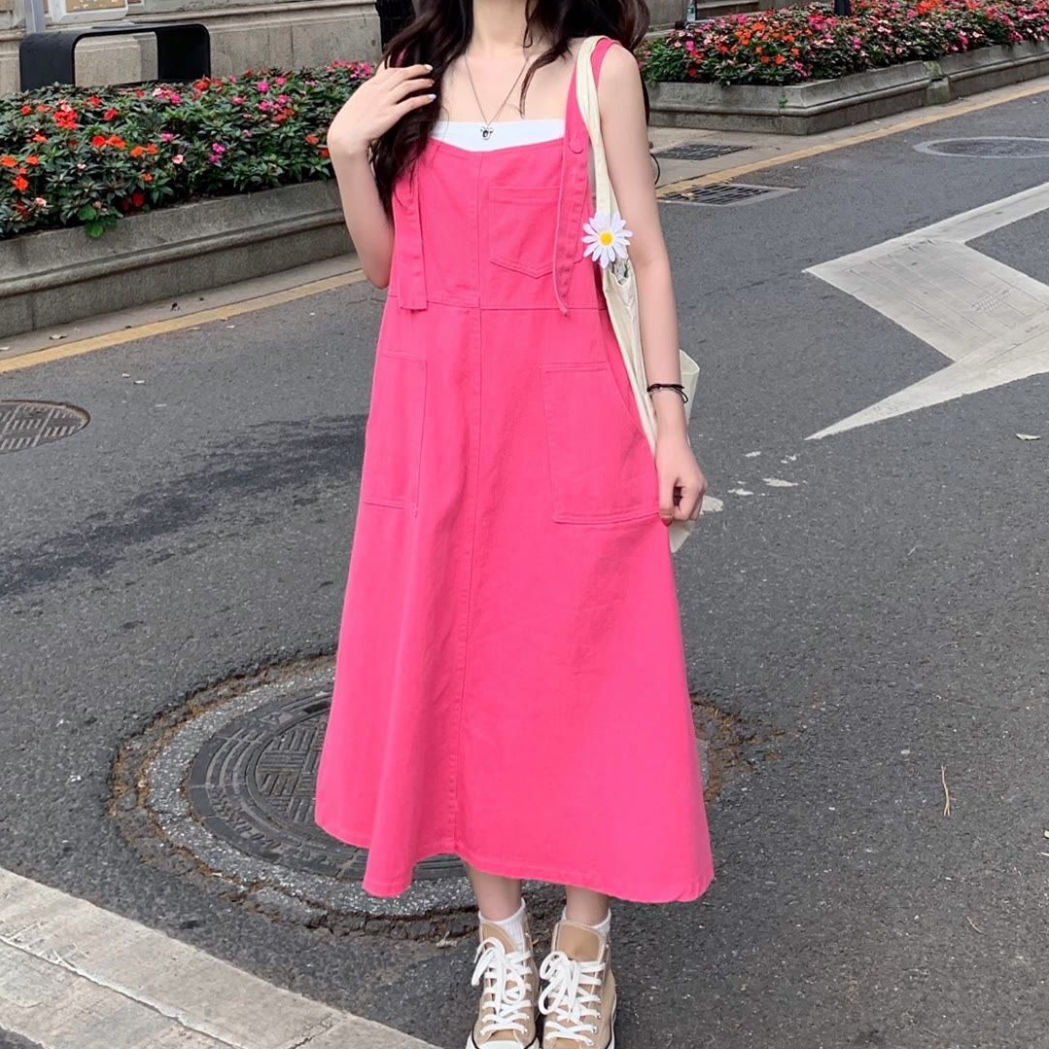 Candy color big skirt with suspenders skirt women's spring and autumn summer loose lazy style all-match fashion mid-length dress trendy