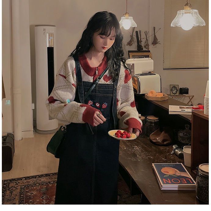 日系可愛牛仔背帶裙女秋季寬鬆小個子學院風中長款顯瘦吊帶連衣裙
