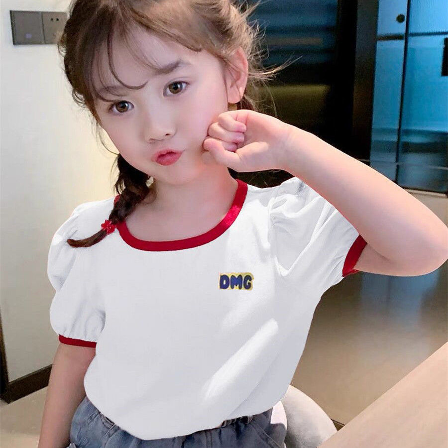 Girls' short sleeve T-shirt summer middle school kids' foreign style top girls' bubble sleeve top pure cotton simple bottomed shirt