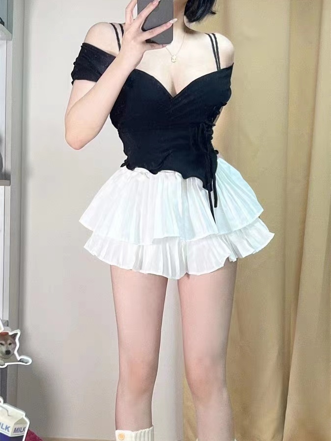 大碼女裝黑色短袖T恤女夏高腰顯瘦蛋糕裙包臀短裙辣妹上衣套裝女