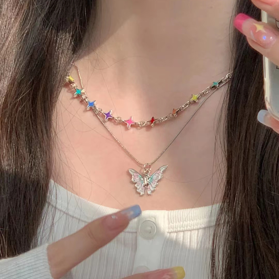 【幻蝶】Y2K美式復古芭比蝴蝶項鍊疊戴琺瑯滴釉彩色四芒星項鍊