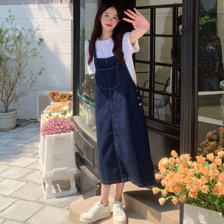 復古開叉牛仔背帶裙女小個子新款寬鬆顯瘦吊帶長裙韓版顯瘦連衣裙