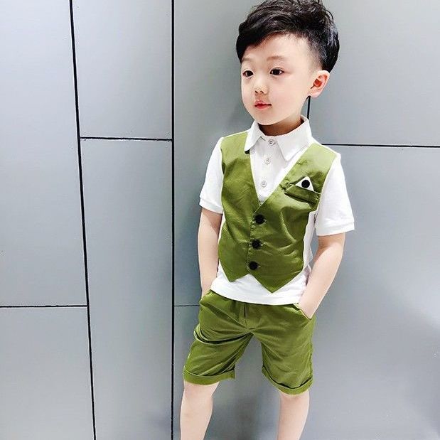 Children's short sleeve suit, boys' vest fake two-piece suit, flower girl dress, short sleeve shirt suit, summer two-piece suit