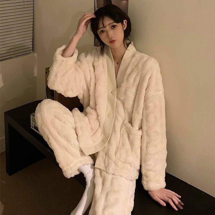 睡衣女秋冬網紅慵懶風2021年新款冬季加絨加厚珊瑚絨軟綿綿家居服