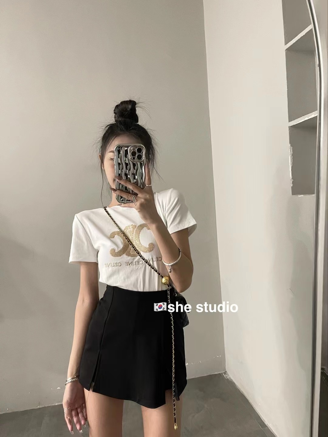 Korean style small fragrance suit women's summer new temperament all-match printed short-sleeved top + high waist slimming slit hakama