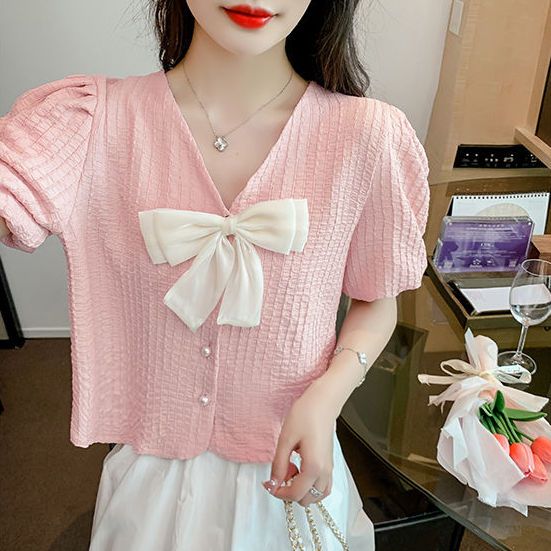 法式甜美蝴蝶结格子粉色衬衫女夏季新款宽松短款泡泡短袖上衣