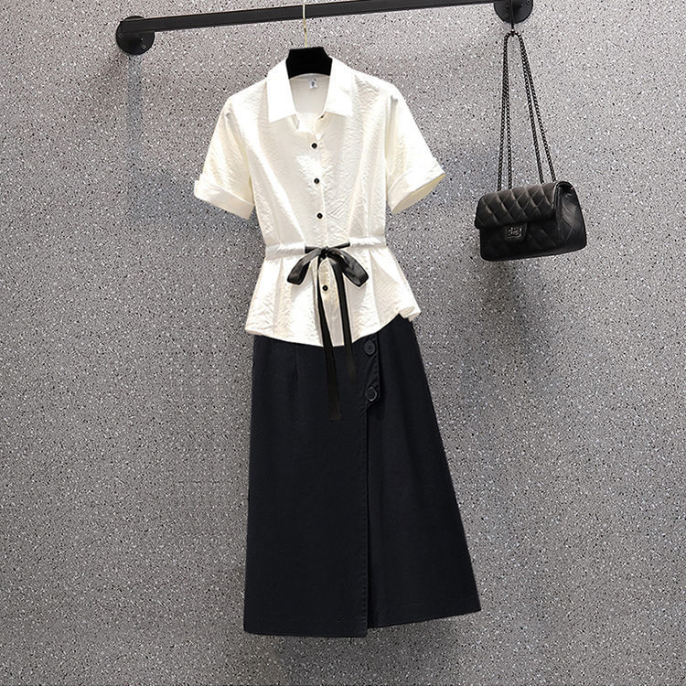胖妹妹顯瘦襯衫連衣裙夏新款2023大碼女裝氣質減齡西裝裙褲兩件套