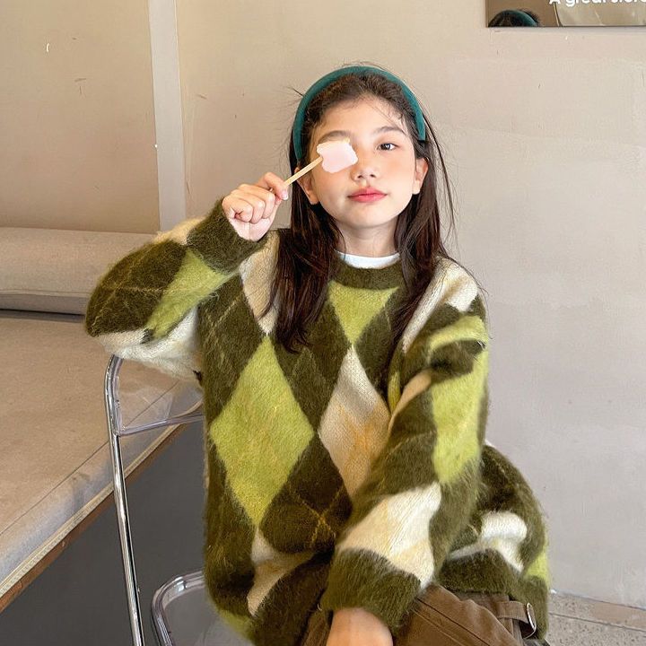 女童針織衫2023秋冬款中大童洋氣菱格加厚毛衣潮童裝兒童上衣潮