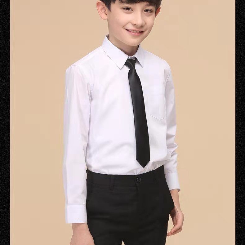 Boys' pure cotton white shirt long-sleeved pure white shirt boys and girls children's school uniform student performance clothing