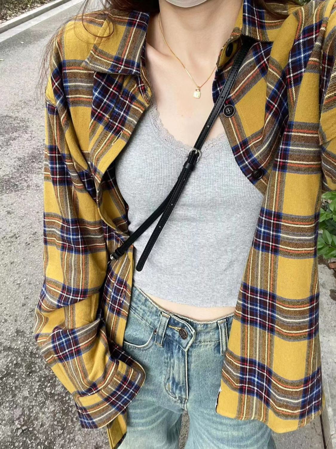 復古chic黃色格子襯衫外套女2023新款寬鬆休閒顯瘦中長款襯衣外穿