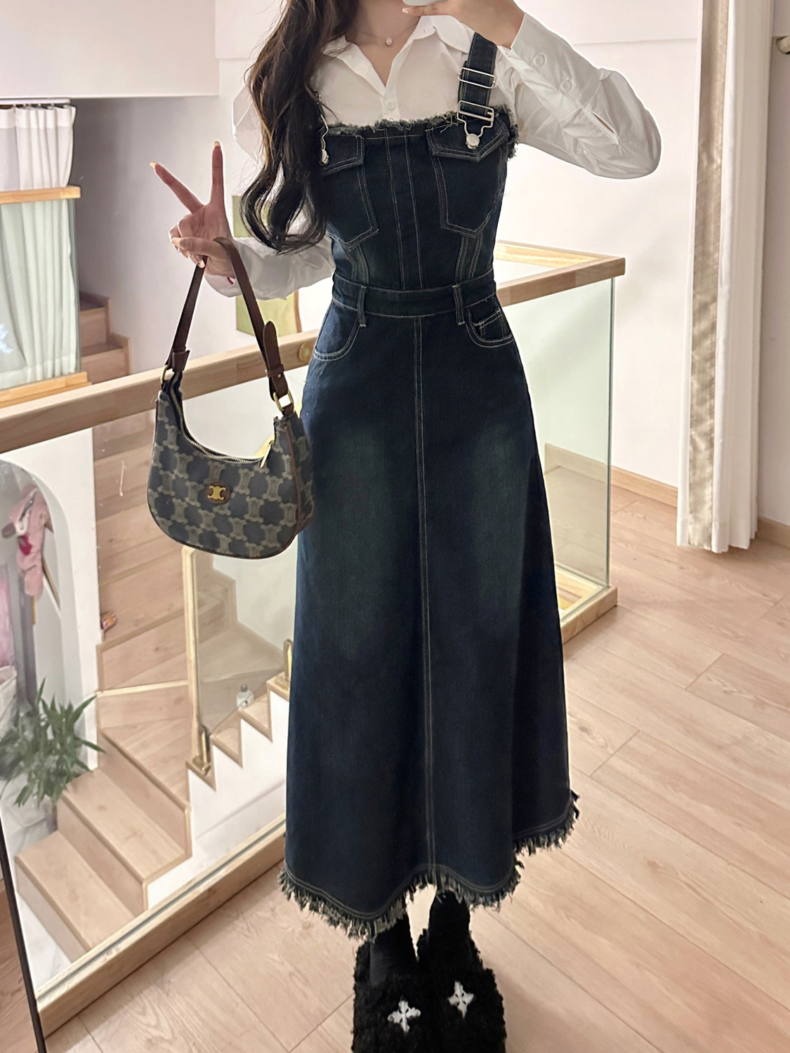 Korean retro denim suspender skirt for female students, sweet and high-end mid-length dress + shirt one-piece suit