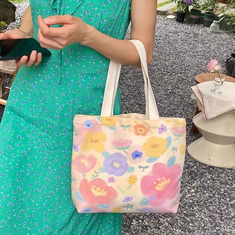 ins high-looking colorful flowers small fresh handbag large capacity women's summer new literary Japanese canvas bag