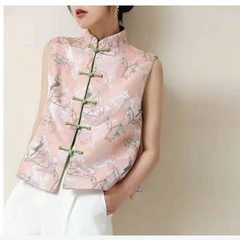 Pink Chinese style button vest women's spring and autumn retro Chinese flower and Bird Print young vest cotton coat fashion