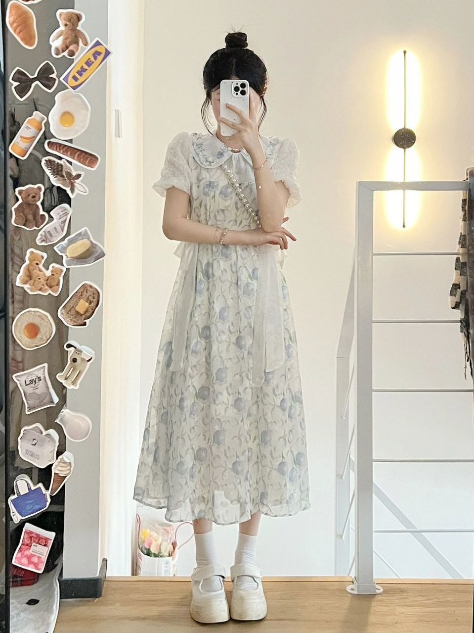 Sweet college style fake two-piece bowknot doll collar floral dress female student Korean version age-reducing A-line skirt