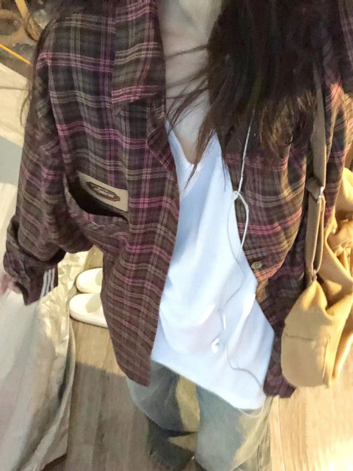 早秋新款貼標紫色格子襯衫外套女寬鬆休閒顯瘦中長款襯衣外穿開衫