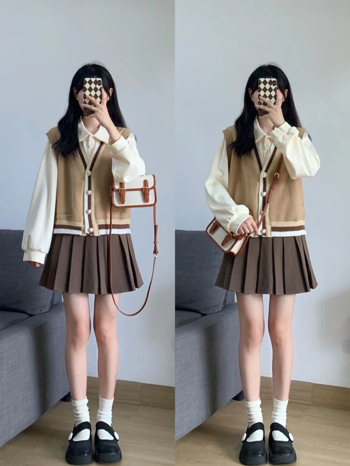 Three-piece suit spring and autumn French retro knitted sweater cardigan vest with Polo collar shirt women's pleated skirt