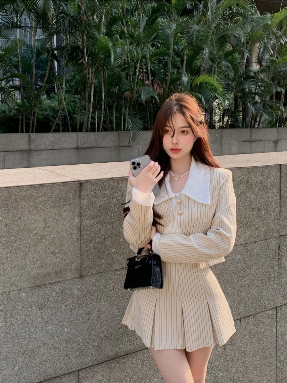 Three-piece suit light luxury style spring and autumn high-quality striped small suit jacket wearing a large lapel shirt skirt