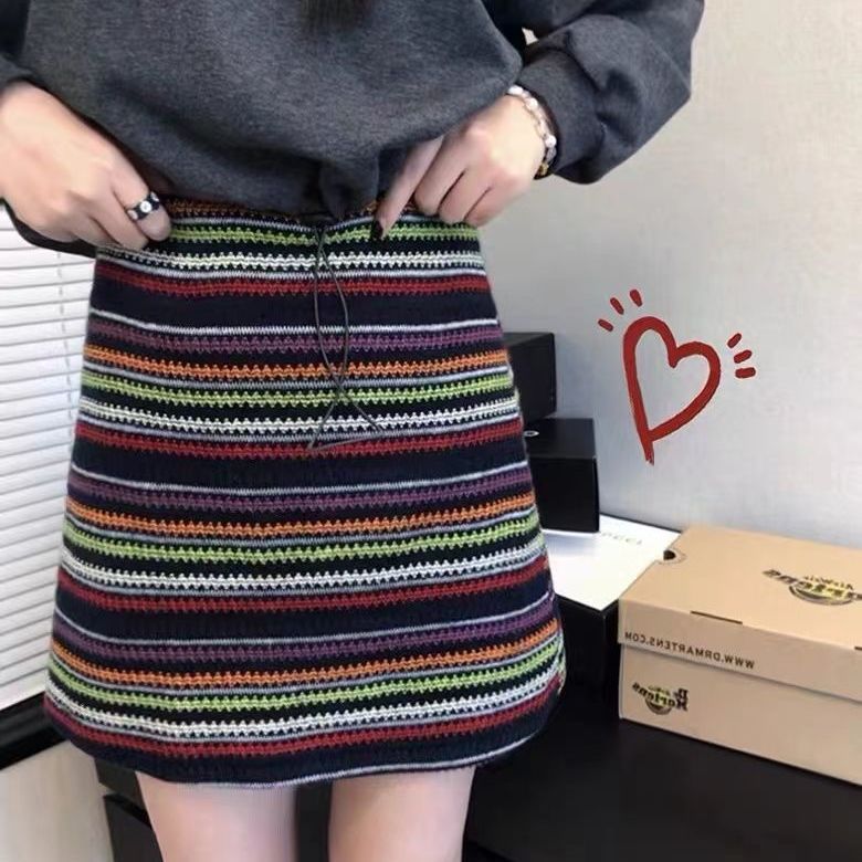 Wang Girl's Shop Knitted Skirt Autumn and Winter New High Waist A-line Straight Loose Slim Versatile Casual Skirt
