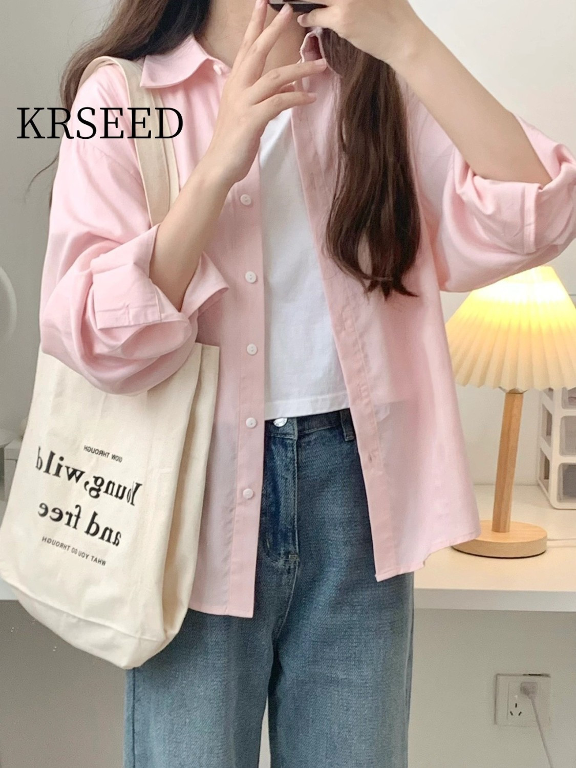 KRSEED粉色襯衫女新款日系秋設計感小眾長袖襯衣春外搭上衣外套女