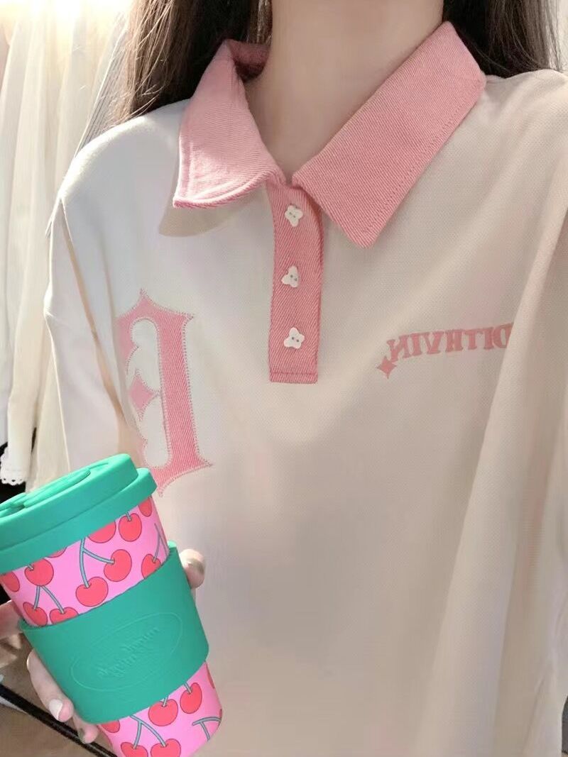 College style embroidery polo shirt Korean version of ulzzang summer design sense niche loose short-sleeved T-shirt women's top tide