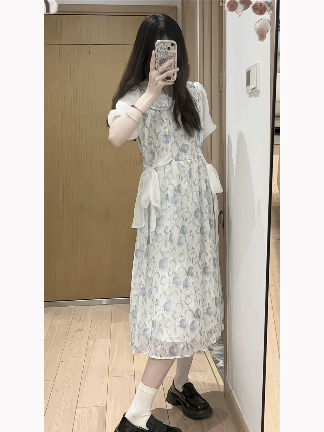 College style fake two-piece doll collar floral dress girl student Japanese sweet tie waist waist age reduction A-line skirt