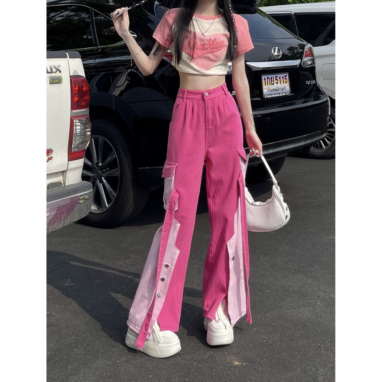 粉色工裝牛仔褲女裝夏季辣妹多巴胺高腰氣質設計感拼色直筒長褲子
