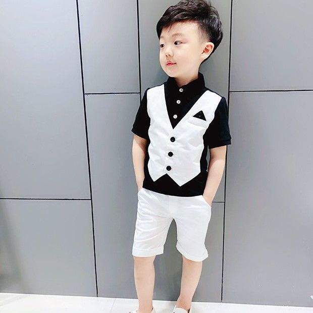 Children's short sleeve suit, boys' vest fake two-piece suit, flower girl dress, short sleeve shirt suit, summer two-piece suit