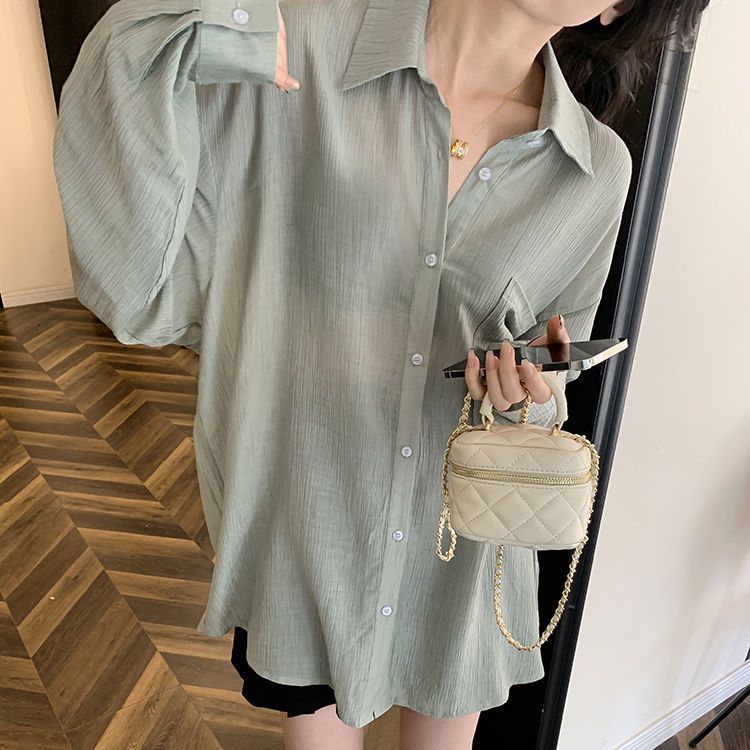 防曬襯衫上衣女設計感小眾2022春夏新款寬鬆長袖休閒清新襯衣外套