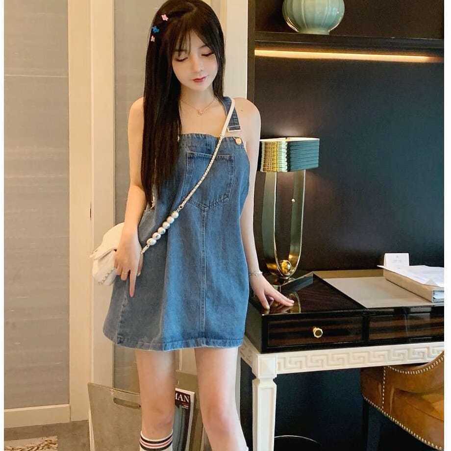 復古港味寬鬆背帶牛仔裙連衣裙2022新款簡約韓風減齡學生短裙子夏