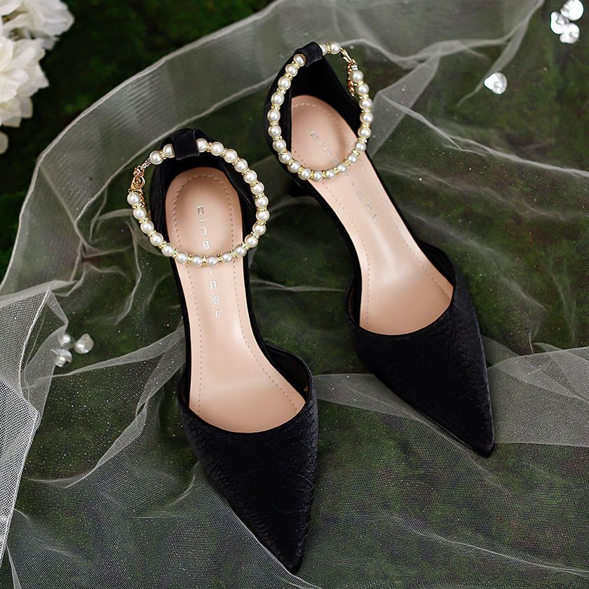 法式气质小珍珠高跟鞋女2022年早春新款新娘婚鞋细跟尖头礼服单鞋