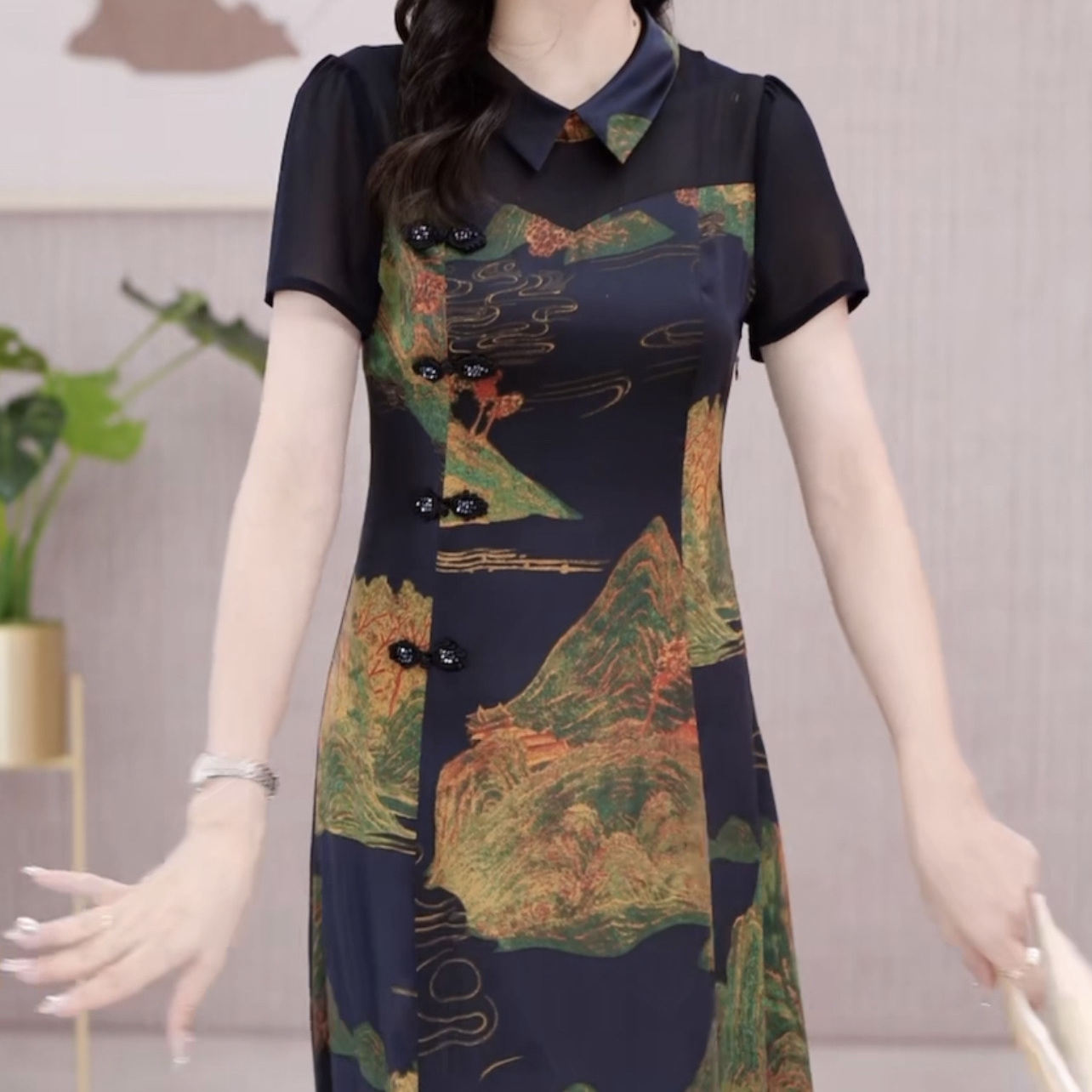Mengyun satin improved cheongsam dress 2023 new summer women's clothing with noble temperament to cover belly and show thin skirt