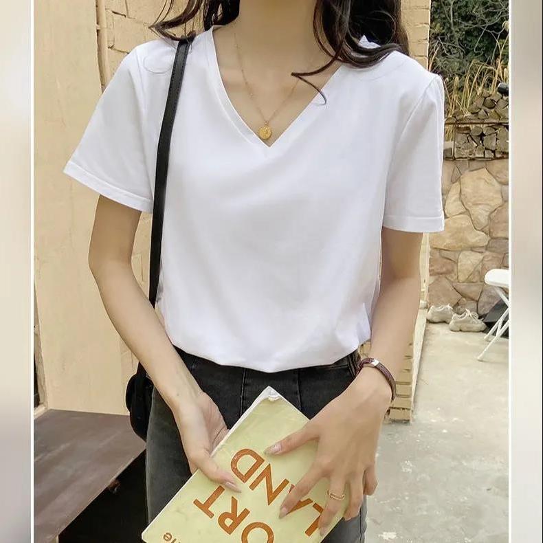 纯棉白色t恤女短袖ins超火夏季新款韩版宽松学生纯色v领上衣