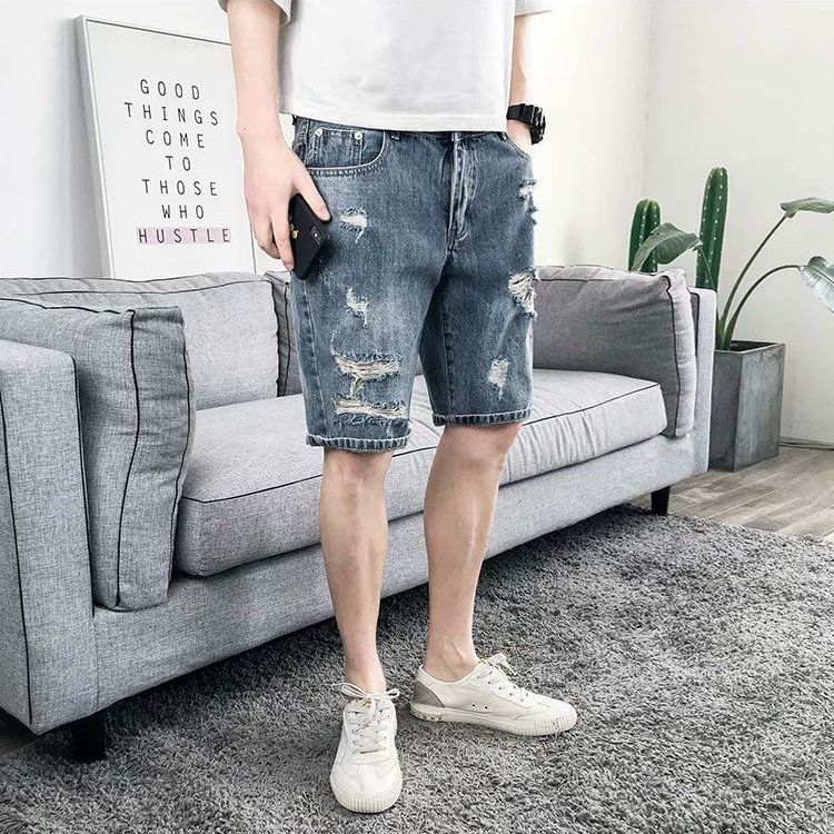 Summer thin hole denim shorts men's fashion loose size cropped pants fashion brand ins wide break summer out trend