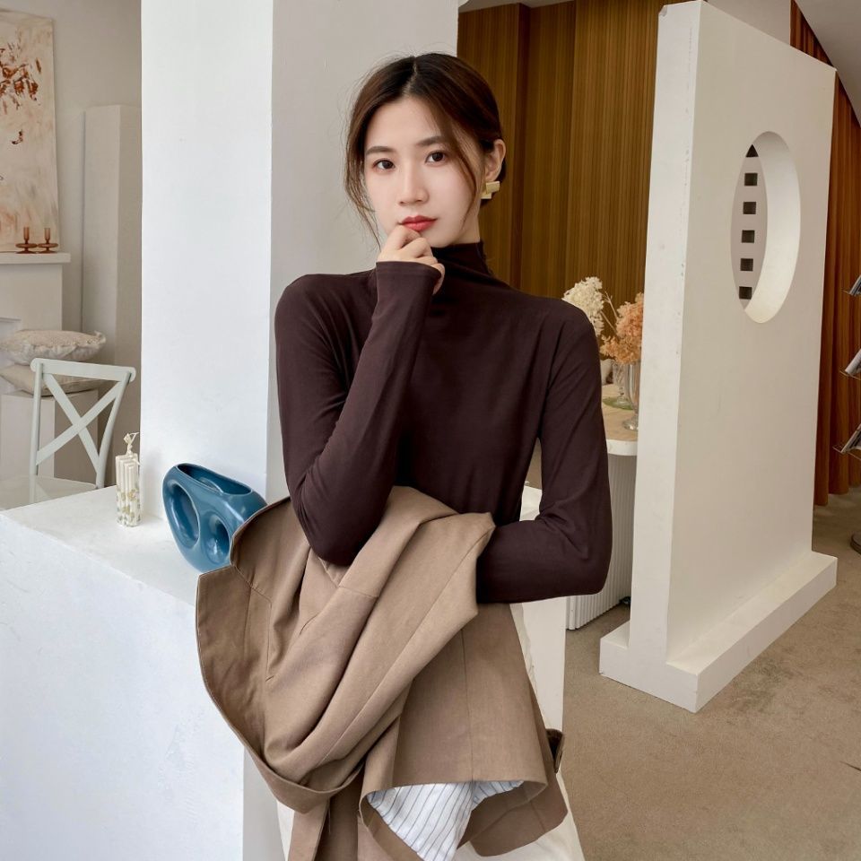 88620-春秋莫代尔半高领内搭洋气长袖t恤女秋冬薄款上衣2021新款打底衫-详情图