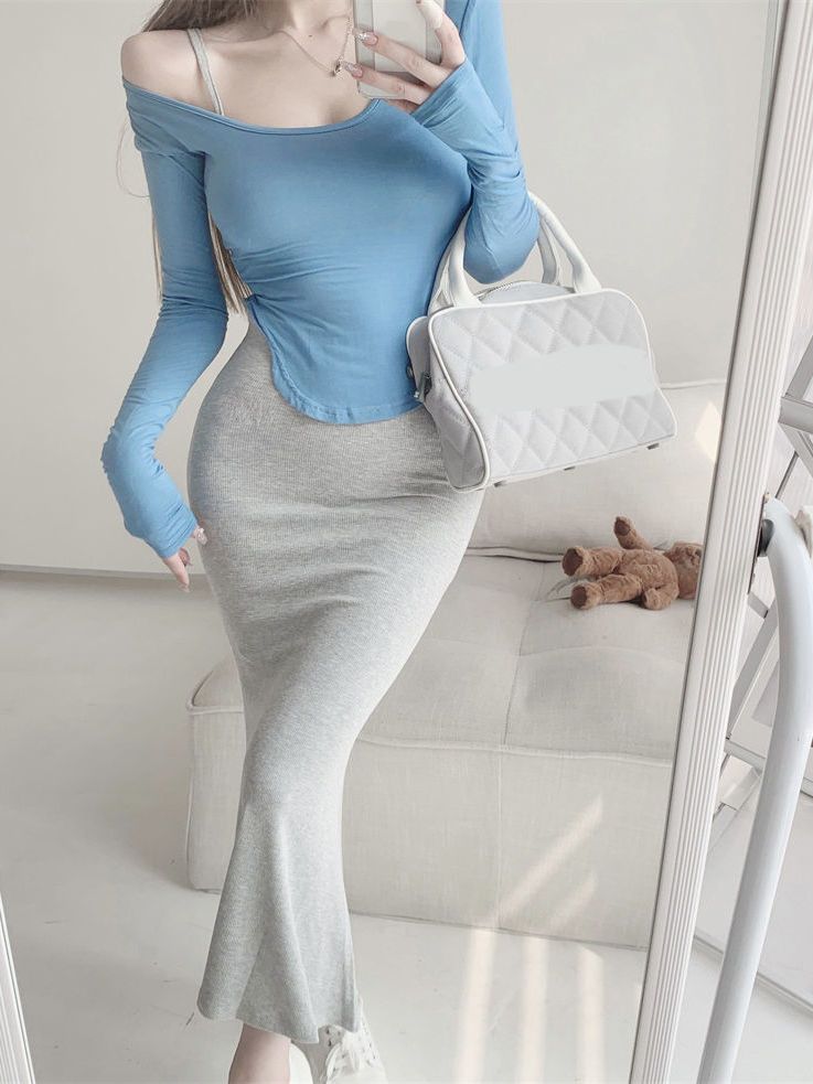 Pure desire wind suit summer Korean style royal sister sexy wind female slim slim long-sleeved T-shirt + fishtail skirt suspender skirt