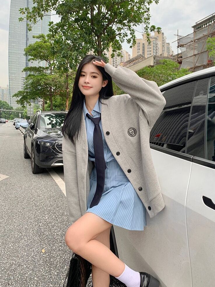 大碼胖mm秋季新款韓版時尚套裝女襯衫連衣裙+灰色開衫衛衣兩件套