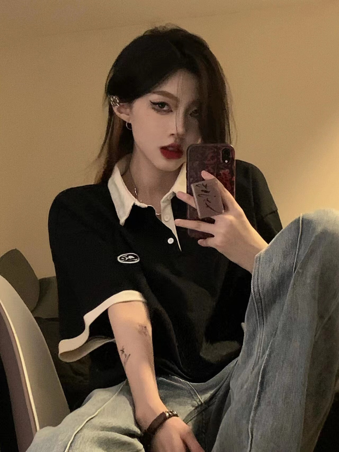 Fake two-piece embroidered polo shirt short-sleeved t-shirt women's summer new American style retro loose all-match half-sleeved top tide