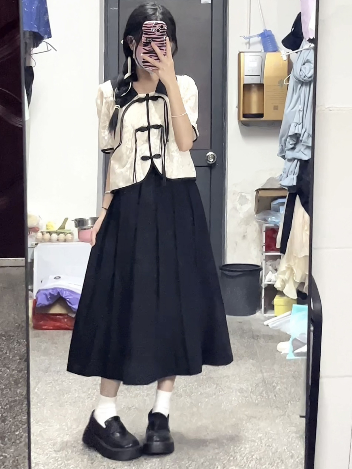 两件/套装新中式国风Polo领蝴蝶结流苏衬衣+百褶高腰半身裙女学生