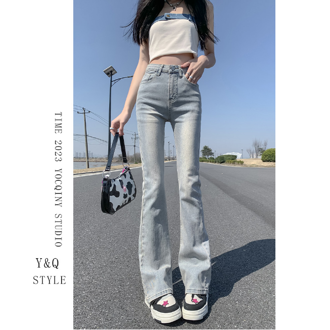 Spring and autumn slim-fitting, flesh-covering, comfortable and versatile pants, summer high-waisted washed micro-flared jeans for women, simple flared pants