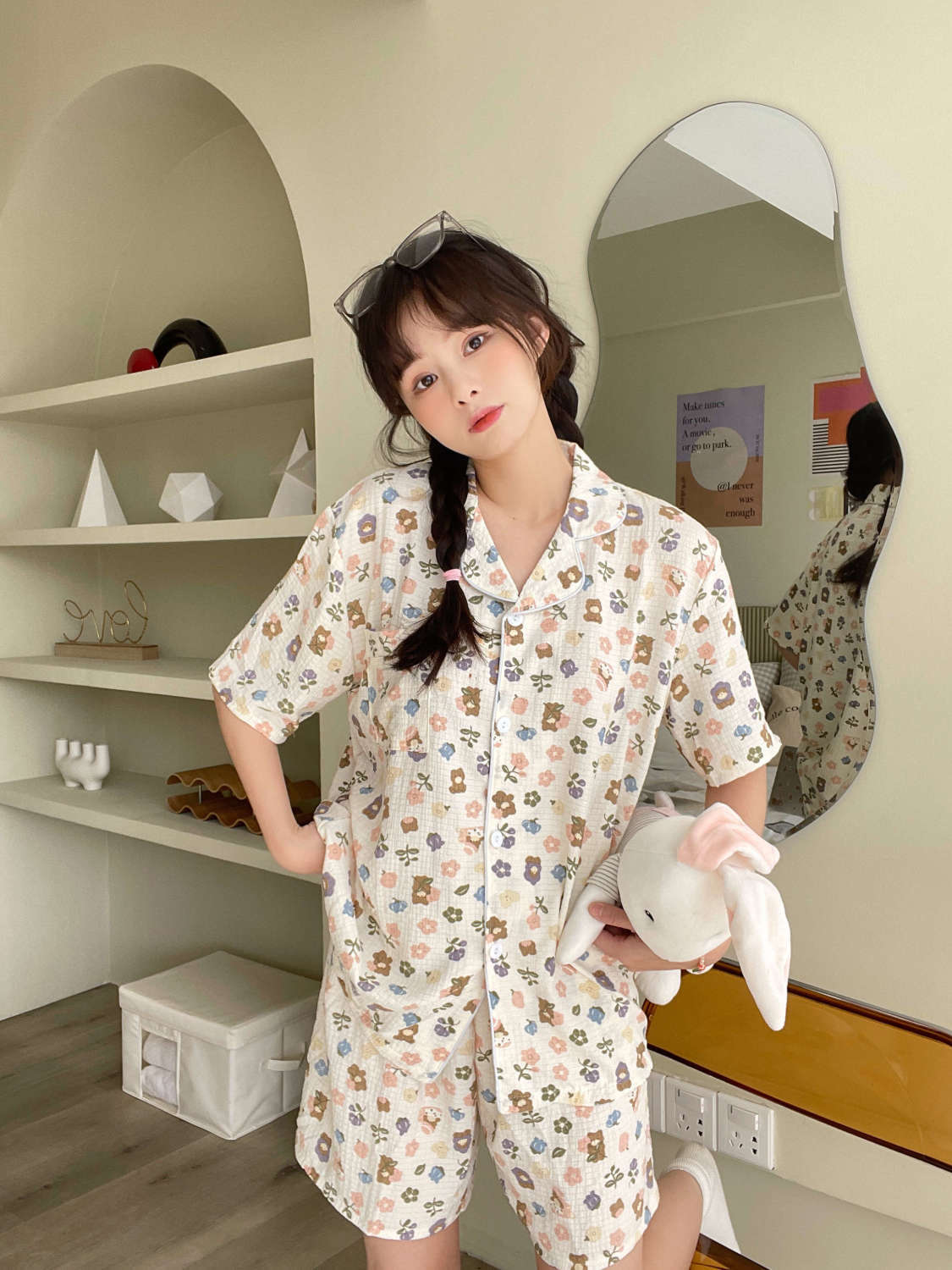 Baby cotton summer pajamas women's thin cardigan loose summer new short-sleeved shorts sweet home service suit