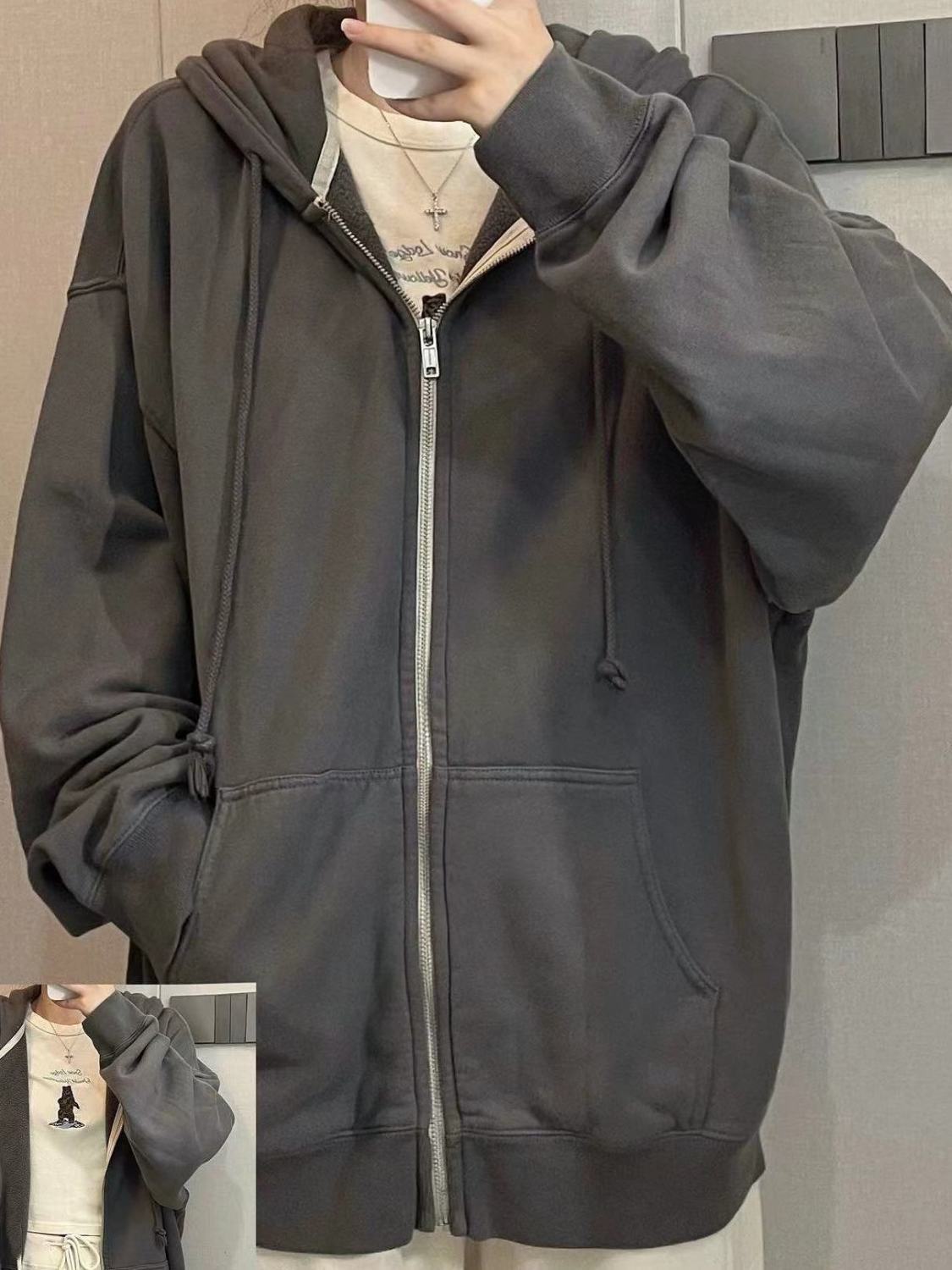 春秋季薄款深灰色連帽衛衣女寬鬆休閒顯瘦情侶款拉鏈外套純色開衫