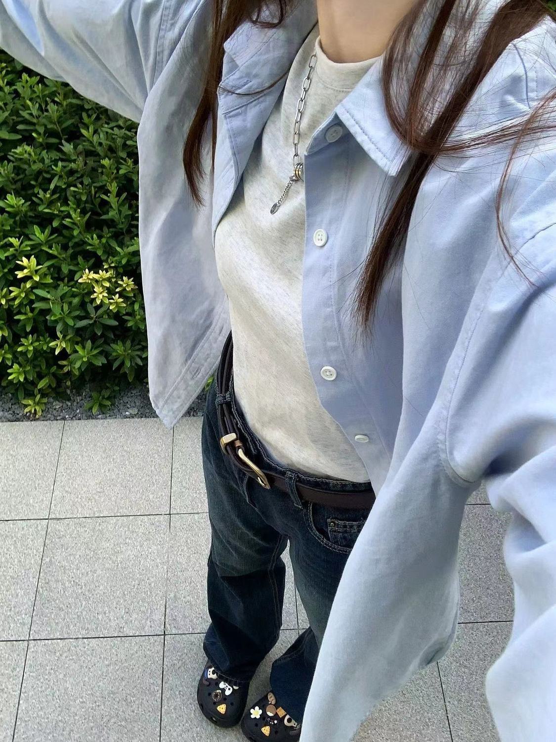 早秋2023日系新款藍色純棉襯衫女寬鬆休閒顯瘦襯衣外穿百搭上衣潮