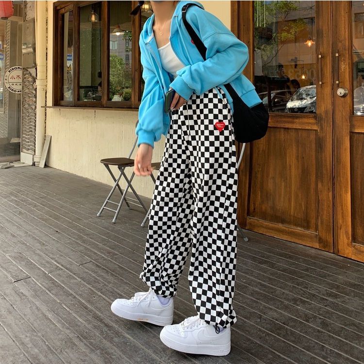 Black and white plaid casual pants women's  summer new loose Korean version straight wide-leg pants drawstring trousers women