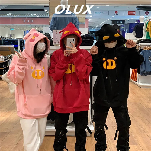 OLUX美式復古可愛搞怪重工刺繡豬豬俠連帽衛衣女寬鬆百搭情侶上衣
